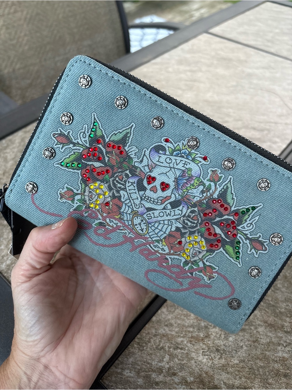 Ed Hardy Light Blue Denim Skull & Roses Wristlet Wallet - Picture 9 of 13